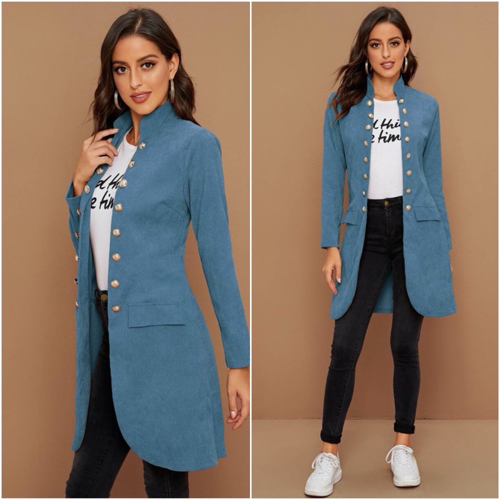 Dusty blue Button closure fall jacket coat - Picture 9 of 12